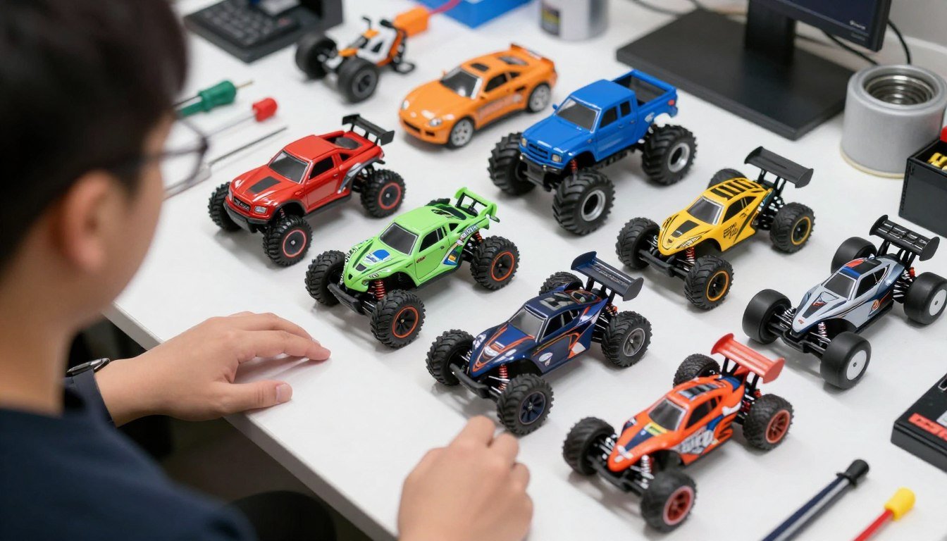 Person examining different RC car models on a workbench with tools