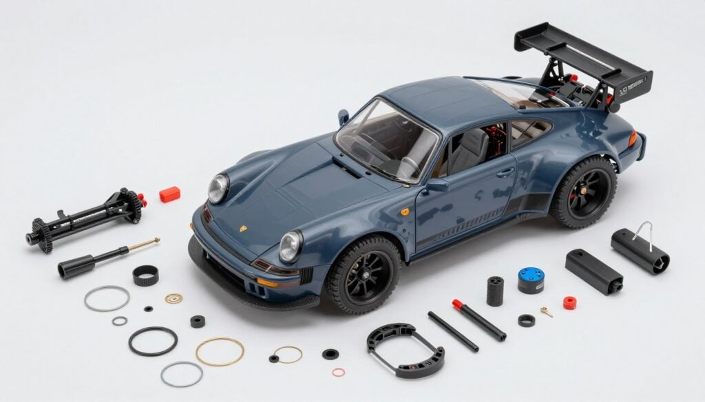 Tamiya TT-02 Porsche 911 RC car kit with parts laid out