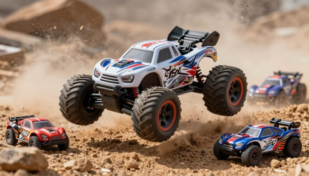 Traxxas Sledge 6S monster truck RC car jumping over rough terrain